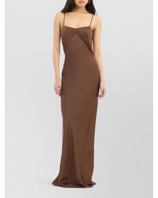 ROTATE BIRGER CHRISTENSEN Brown Satin Maxi Dress Fitted Silhouette Straps Neckline