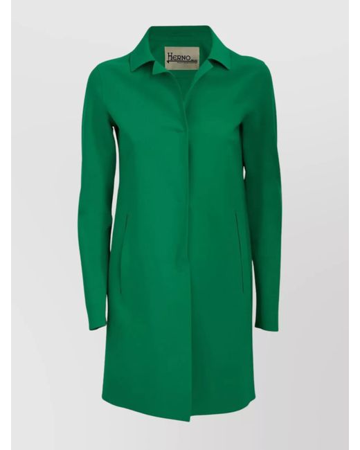 Herno Green Long Sleeve Coat With Notch Lapel And Side Pockets