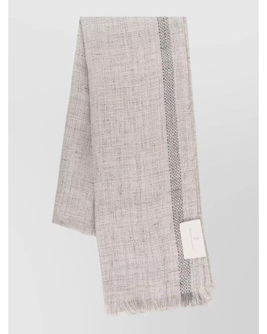 Brunello Cucinelli White Textured Jute Linen Scarf Embroidered Trim for men