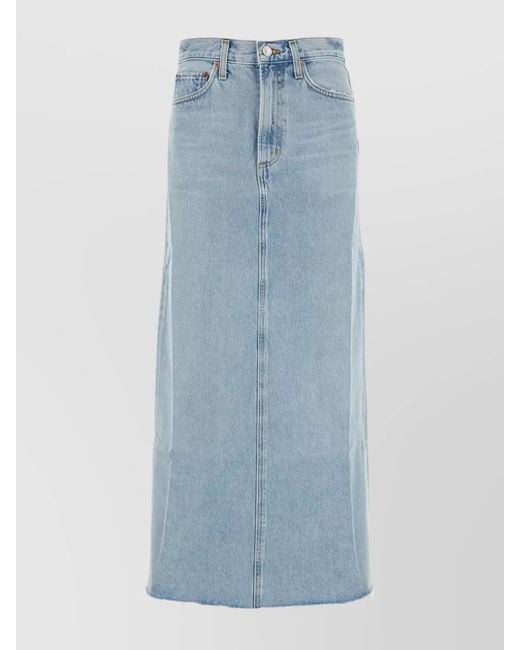 Agolde Blue Denim Mid-Rise Frayed-Hem Maxi Skirt