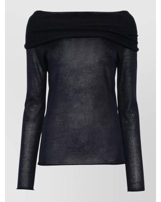 Roberto Collina Black Off Shoulder Silk Blend Sheer Sweater