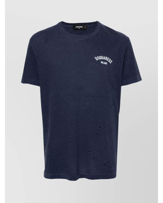 DSquared² Blue Logo Print Distressed Jersey Ribbed Crew Neck Short Sleeve T-Shirt for men