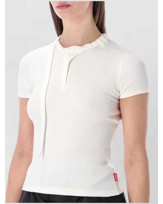 DIESEL White Fitted Ribbed Top Short Sleeves Tie Detail