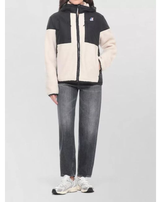K-Way Black Short Hooded Jacket Color Block Sherpa