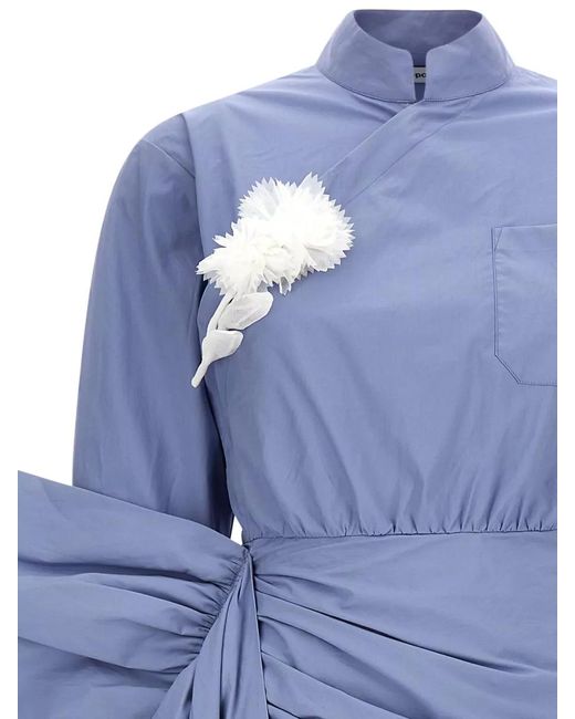 Self-Portrait Blue Cotton Tie Side Mini Dress Long Sleeves
