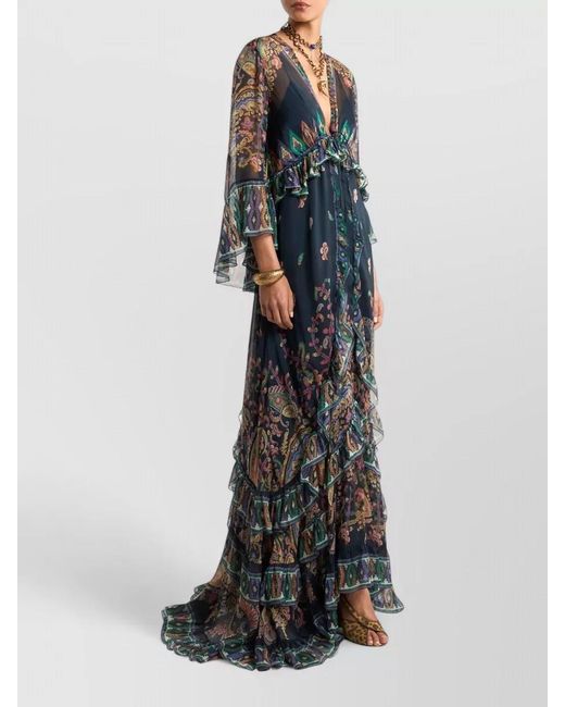 Etro Black Maxi Dress Sheer Sleeves Paisley Flared