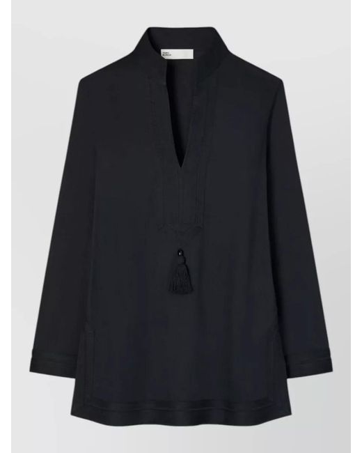 Tory Burch Black Cotton Voile Tunic Tassels Side Slits