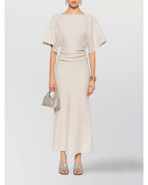 Staud White Linen Boat Neck Dolman Sleeve Draped Midi Dress