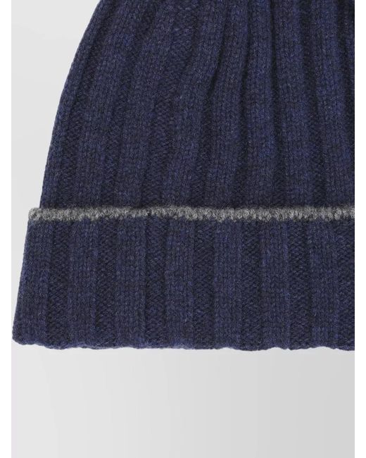 Brunello Cucinelli Blue Cashmere Beanie Ribbed Cuff Stripe Detail for men