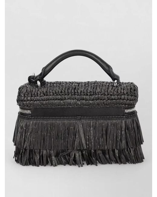 Michael Kors Black Shoulder Bag Woven Texture Fringe Top Handle