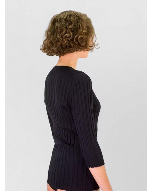 LA ROSE Black V Neck Cashmere Silk Knitwear Top