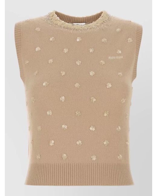 Miu Miu Natural Cashmere Vest Crew Neck Embellished Hem