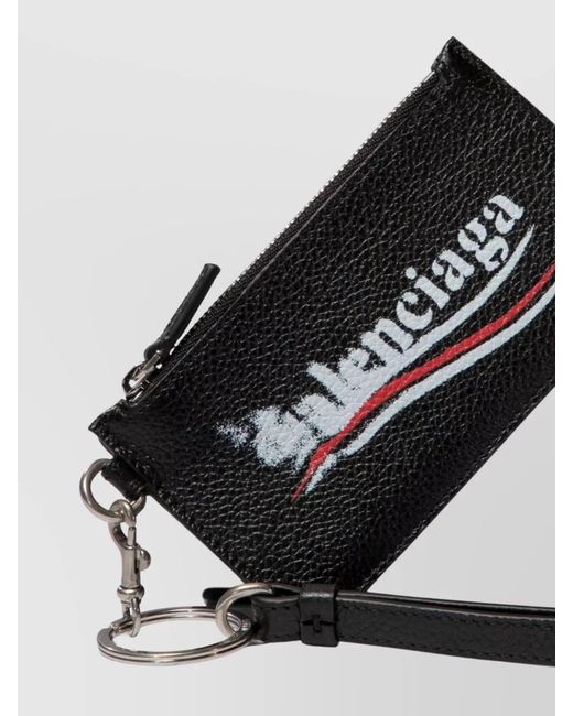Balenciaga Black Leather Logo Print Keychain Wallet for men