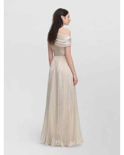 Self-Portrait Natural Metallic Chiffon Gown Asymmetrical Neckline Belt