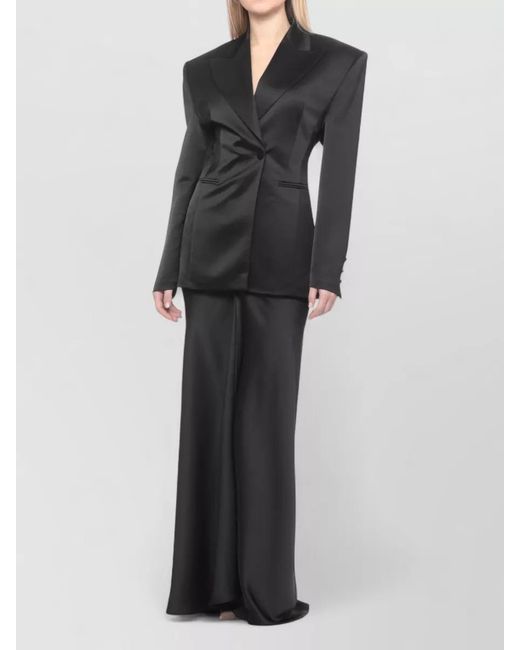 ANDAMANE Black Satin Blazer Padded Shoulders Long Sleeves