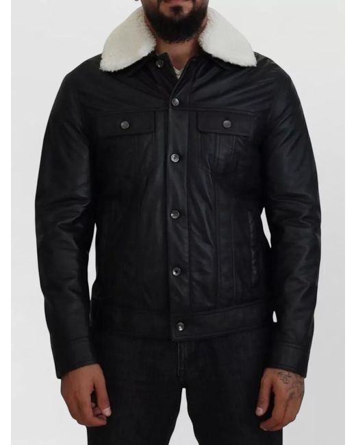 Dolce & Gabbana Black Lambskin Shearling Collar Coat Jacket for men