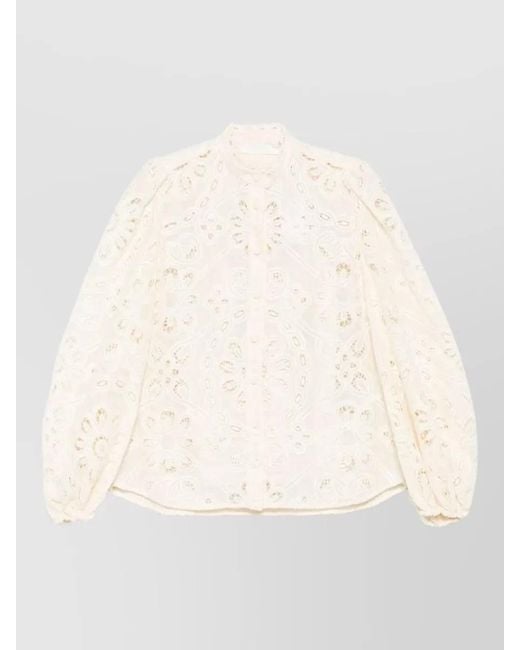 Zimmermann Natural Rhiannon Blouse High Neck Lace Trim