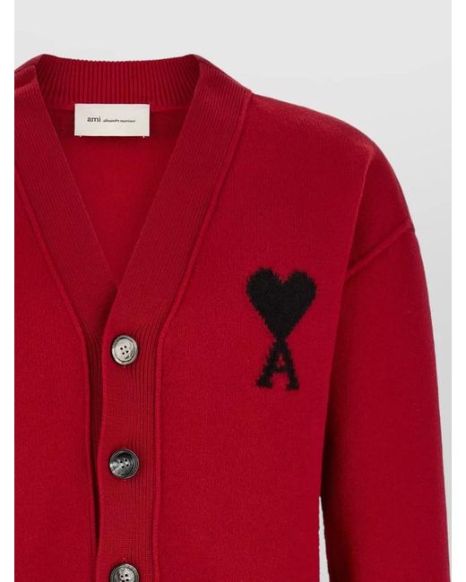 AMI Red Wool V-Neck Ribbed Cardigan for men