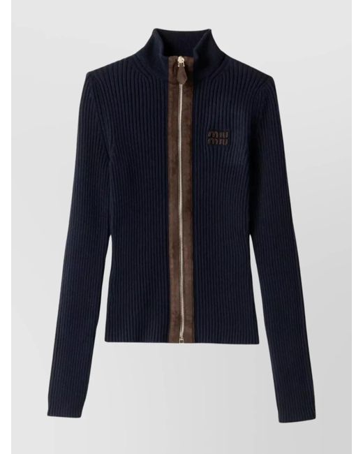 Miu Miu Blue Cashmere Ribbed-Knit High-Neck Long-Sleeve Jumper