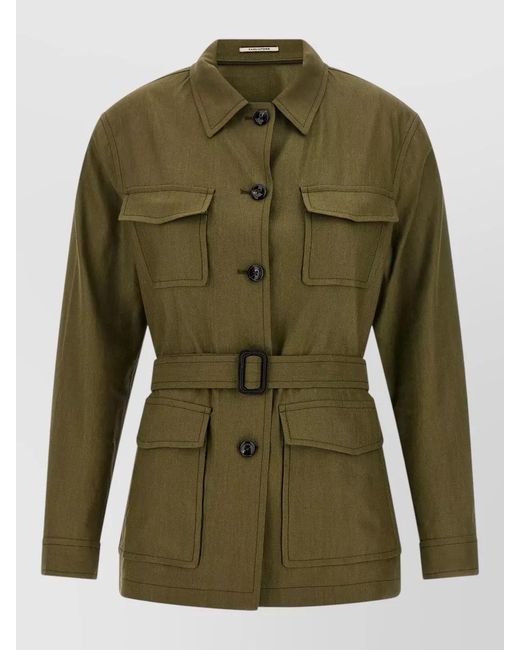 Tagliatore Green Linen Blend Belted Single-Breasted Coat