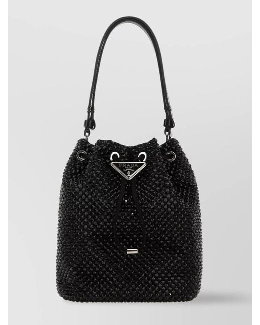 Prada Black Structured Satin Bucket Bag With Rhinestone And Sequin Embellishments