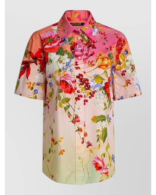 Roberto Cavalli Multicolor Silk Nylon Floral Print Short Sleeve Top