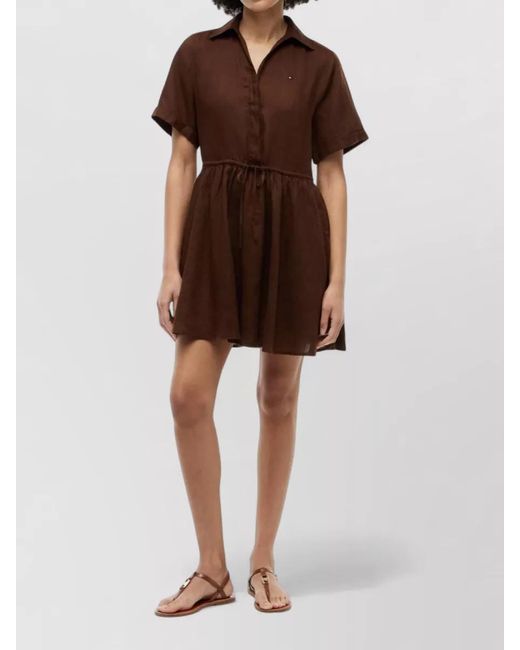 Tommy Hilfiger Brown Linen Short Dress Flared Skirt Waist Tie