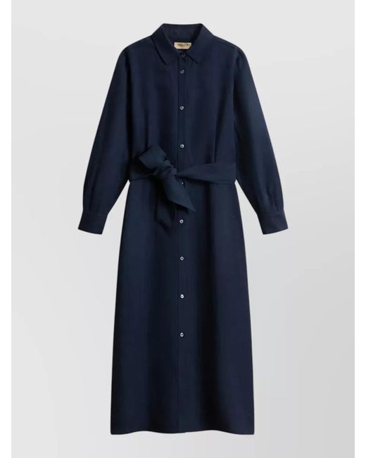 Woolrich Blue Linen Blend Midi Shirt Dress Belt
