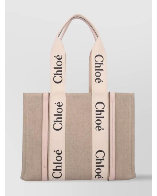 Chloé Natural Woody Linen Logo Print Tote Bag