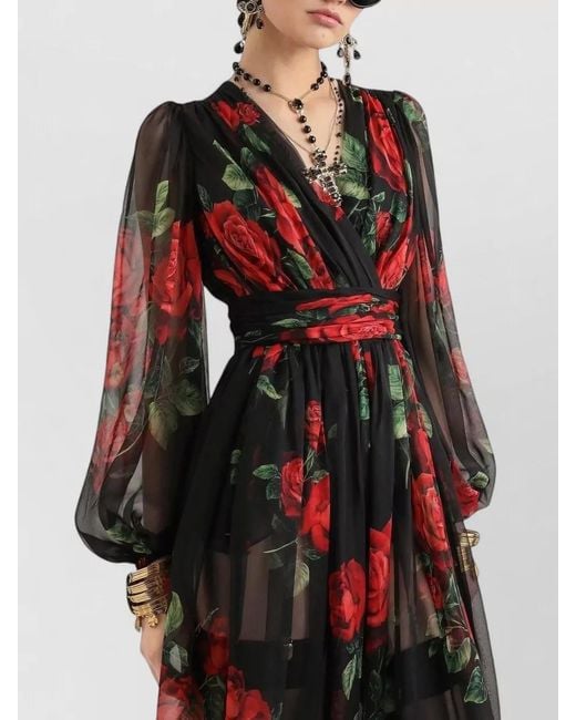 Dolce & Gabbana Black Silk Draped Printed Midi Dress