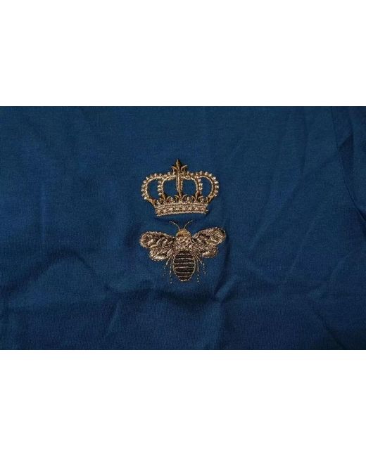 Dolce & Gabbana Blue Cotton Embroidered Short-Sleeve Crew-Neck T-Shirt for men