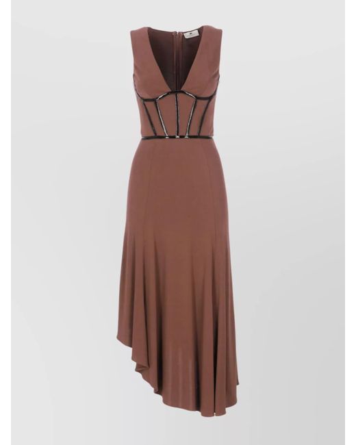 Elisabetta Franchi Brown Midi Dress With Asymmetrical Hem And Corset