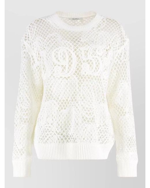 Max Mara White Farea Cotton Crew Neck Crochet Sweater