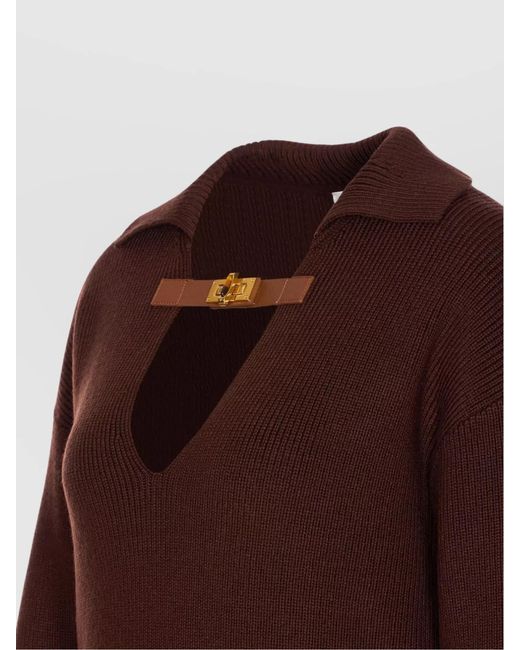 Elisabetta Franchi Brown Knitwear Collared Design Long Sleeves Ribbed Texture V-Neckline