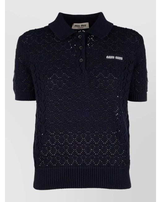 Miu Miu Blue Knit Polo Collar Top Short Sleeves Hem