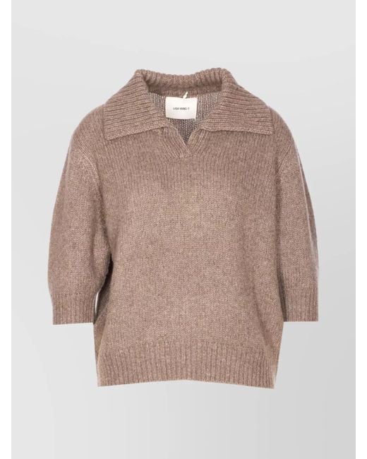 Lisa Yang Natural Knitwear Top With V-Neck And Ribbed Cuffs
