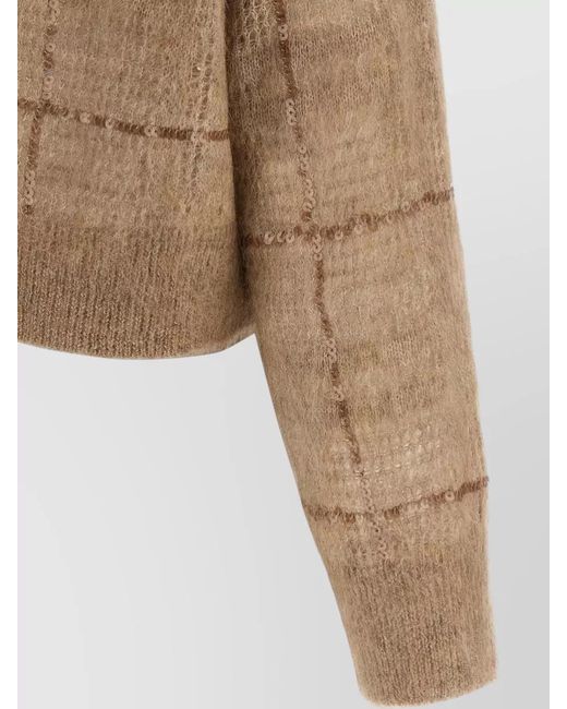 Brunello Cucinelli Natural Sequin Check Mohair Wool Crew Sweater