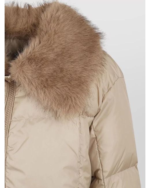 Herno Natural Short Down Jacket With Faux Fur Collar And Horizontal Quilting