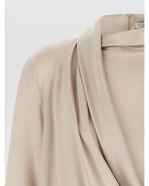 Brunello Cucinelli Natural Draped Silk Blouse High Neck Design