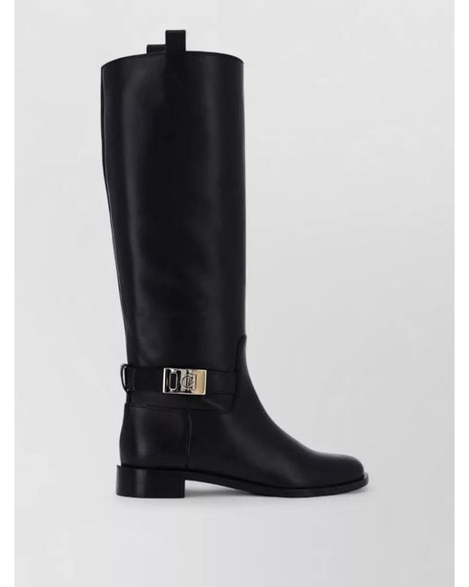 Ferragamo Black Knee High Block Heel Buckle Boots