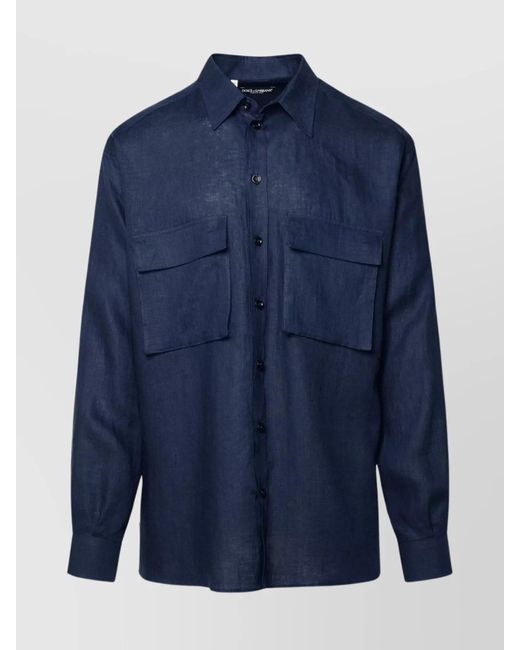 Dolce & Gabbana Blue Linen Shirt Featuring Chest Pockets for men