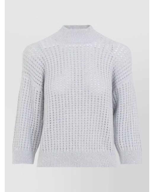 Peserico White Sparkly High Neck Relaxed Knit Sweater