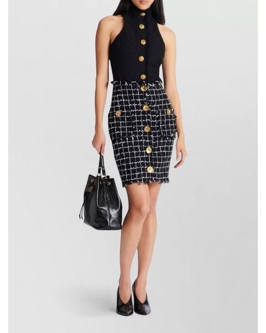 Balmain Blue Checked Tweed Midi Skirt