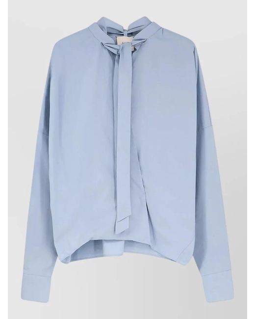Alysi Blue Cotton Shirt Bow Detail V Neckline