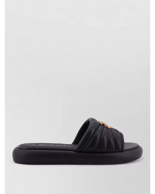 Pinko Black Leather Logo-Embellished Flat Sandals