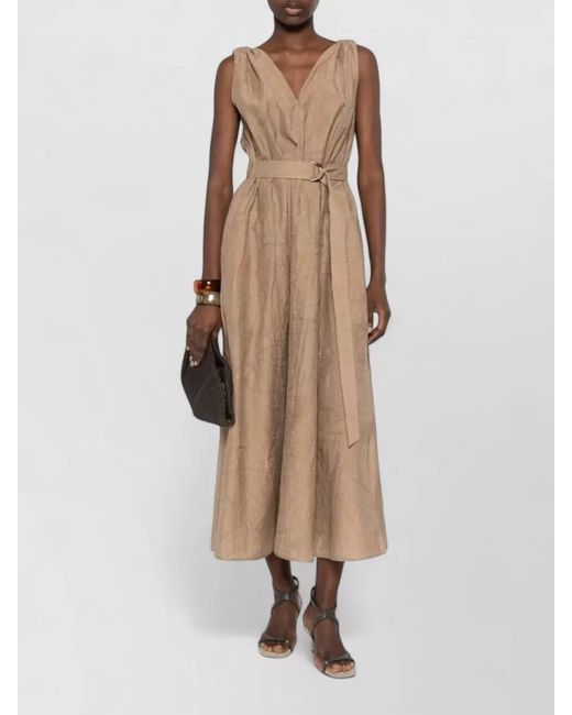 Brunello Cucinelli Natural V-Neck Belted Midi Dress
