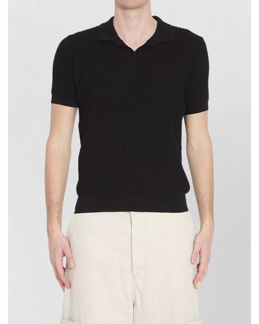 Roberto Collina Black Rib Knit Polo Shirt Chest Pocket for men