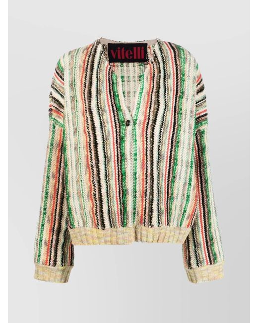 VITELLI Metallic Striped Ribbed V-Neck Cardigan