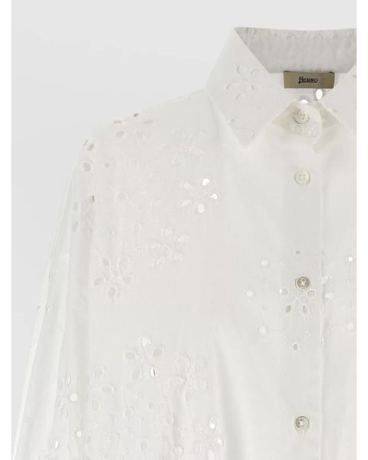 Herno White Floral Embroidery Long Sleeve Cotton Shirt
