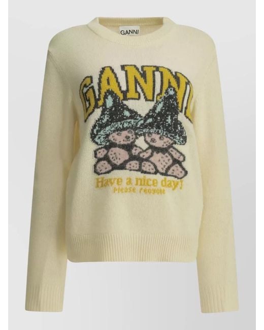 Ganni Metallic Teddy Mushroom Crew Neck Graphic Sweater